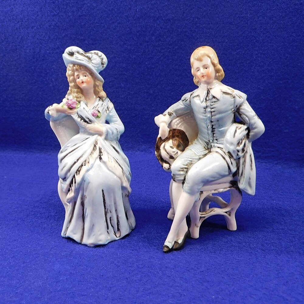 Vintage Porcelain Colonial Figurines Lady & Gentleman In Chairs Hand-Painted